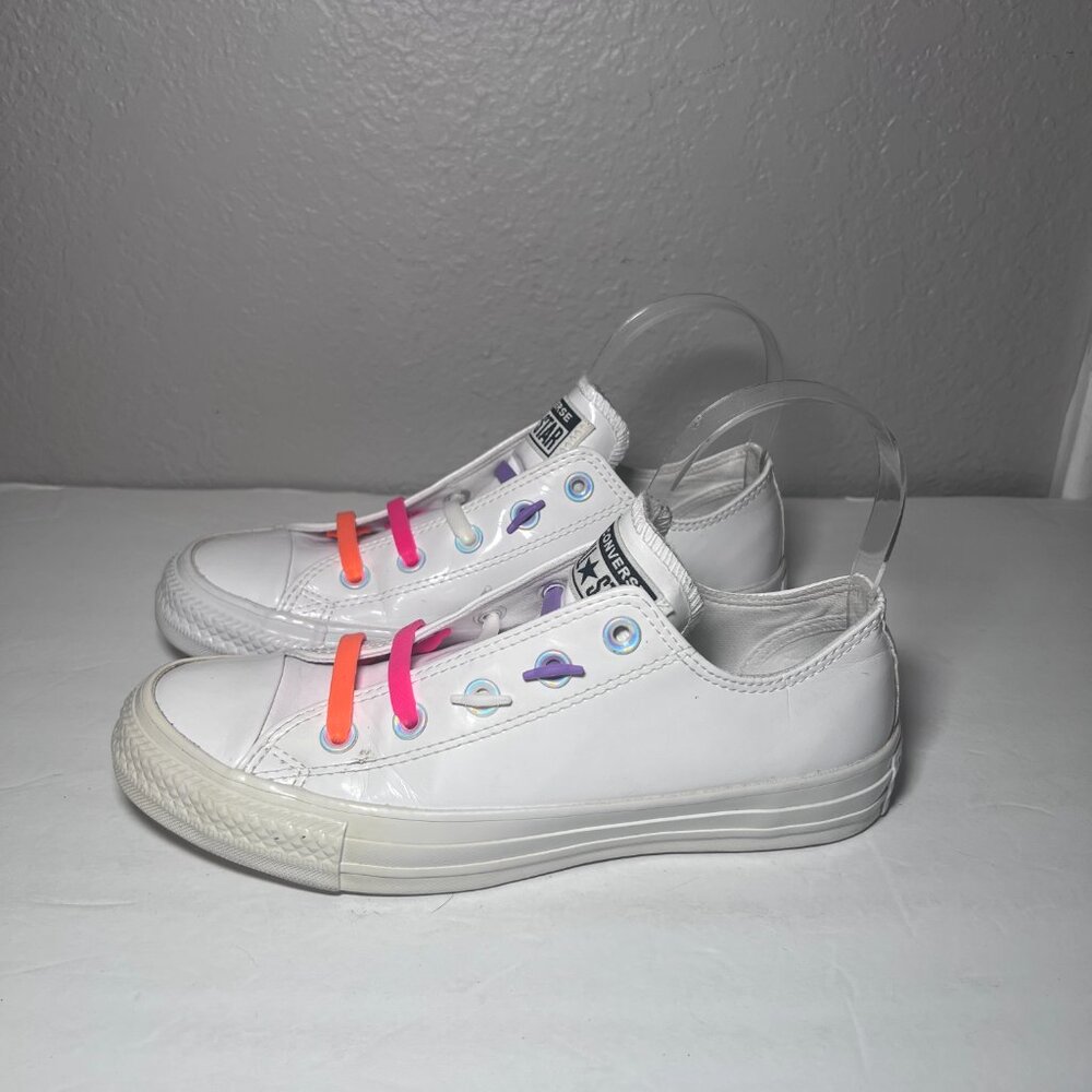 Converse Chuck Taylor All Star White Low Top Sneakers Colorful Laces - Picture 6 of 9
